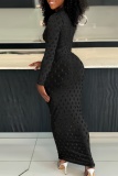 Black Casual Solid Ripped Sequins O Neck Long Sleeve Dresses