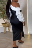 Black White Party Elegant Patchwork Contrast Oblique Collar Long Sleeve Dresses