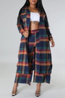 Multicolor Casual Plaid Print Cardigan Turndown Collar Long Sleeve Two Pieces (Subject To The Actual Object)