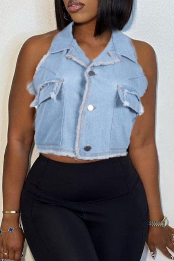 Baby Blue Casual Solid Backless Turndown Collar Tops