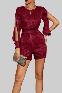Burgundy Sexy Solid Hollowed Out Sequins Patchwork Slit Zipper O Neck Loose Rompers