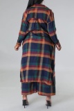 Multicolor Casual Plaid Print Cardigan Turndown Collar Long Sleeve Two Pieces
