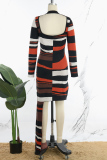 Rose Red Casual Striped Asymmetrical O Neck Long Sleeve Dresses