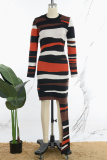Rose Red Casual Striped Asymmetrical O Neck Long Sleeve Dresses