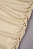 Khaki Casual Solid Patchwork V Neck Long Sleeve Dresses