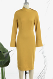 Earth Yellow Casual Solid Basic Mandarin Collar Long Sleeve Dresses