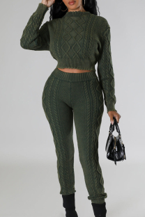 Green Street Solid Patchwork O Neck Long Sleeve Two Pieces