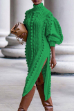 Green Casual Solid Patchwork High Opening Turtleneck Straight Dresses