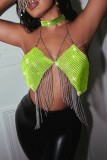 Green Sexy Patchwork Tassel Chains Backless Halter Tops