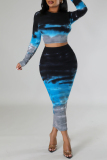 Blue Casual Print Tie-dye O Neck Long Sleeve Two Pieces