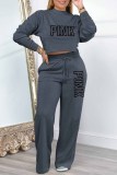 Dark Gray Casual Elegant Print Letter O Neck Long Sleeve Two Pieces