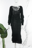 Black Casual Solid Tassel O Neck Long Sleeve Dresses
