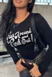 Black Street Daily Print Patchwork Letter O Neck Tops