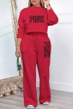 Rose Red Casual Elegant Print Letter O Neck Long Sleeve Two Pieces