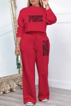 Red Casual Elegant Print Letter O Neck Long Sleeve Two Pieces