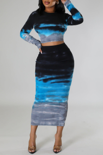 Blue Casual Print Tie-dye O Neck Long Sleeve Two Pieces