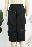 Black Street Solid Patchwork Pocket High Opening Zipper Straight High Waist Straight Solid Color Bottoms