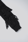 Black Casual Solid Tassel O Neck Long Sleeve Dresses