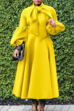 Yellow Elegant Solid Patchwork With Bow O Neck A Line Dresses