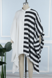 White Casual Striped Print Patchwork Mandarin Collar Irregular Dress Dresses