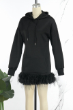 Black Street Solid Feathers Hooded Collar Straight Dresses