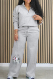 Grey Casual Solid Patchwork Draw String Pocket Zipper Mandarin Collar Long Sleeve Two Pieces
