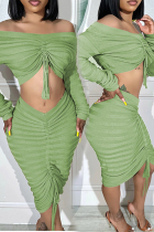 Light Green Sweet Solid Bandage Patchwork Fold Off the Shoulder Long Sleeve Two Pieces