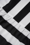 Black Casual Striped Print Patchwork Mandarin Collar Irregular Dress Dresses