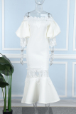 White Elegant Solid Lace Hollowed Out Patchwork Off the Shoulder Trumpet Mermaid Dresses
