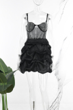Black Sweet Daily Party Formal Patchwork Rhinestone Spaghetti Strap Sleeveless Dress Dresses
