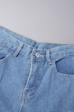 Deep Blue Street Solid Patchwork Pocket Buttons Zipper High Waist Straight Denim Jeans