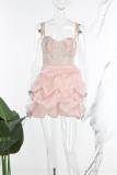 Pink Sweet Daily Party Formal Patchwork Rhinestone Spaghetti Strap Sleeveless Dress Dresses