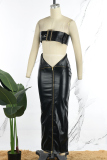 Black Sexy Street Party Solid Plain Solid Color Zipper Strapless Sleeveless Two Pieces