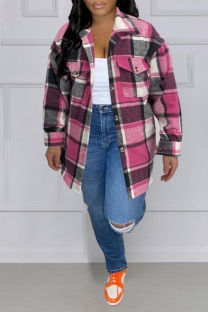 Rose Red Casual Plaid Patchwork Shirt Collar Tops