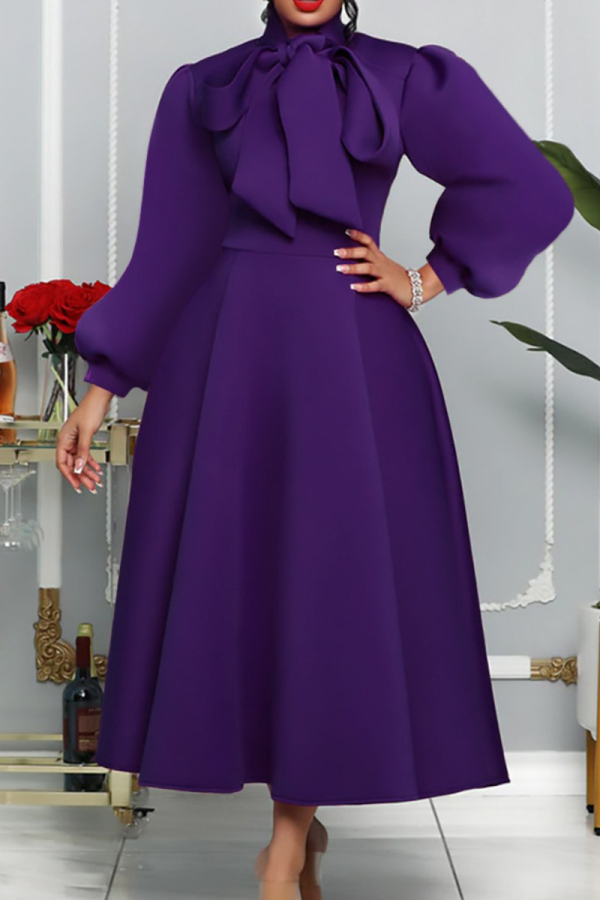 Purple Casual Solid Patchwork Half A Turtleneck Long Sleeve Dresses