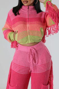 Pink Street Color Block Tassel Patchwork Zipper Cardigan Collar Outerwear（Tzitzit This Is A live Shot）