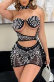 White Sexy Patchwork Hot Drilling Hollowed Out Backless Strapless Sleeveless Three Piece Set