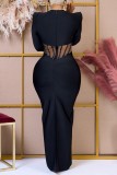 Black Sexy Solid See-through O Neck Long Dress Dresses