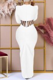 White Sexy Solid See-through O Neck Long Dress Dresses