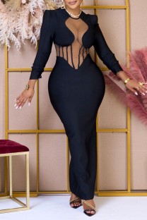 Black Sexy Solid See-through O Neck Long Dress Dresses