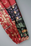 Red Casual Daily Elegant Mixed Printing Patchwork Flounce Printing Contrast V Neck Dresses