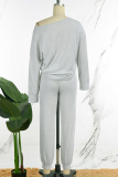 Grey Casual Daily Simplicity Solid Color Long Sleeve Two Pieces