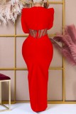 Red Sexy Solid See-through O Neck Long Dress Dresses