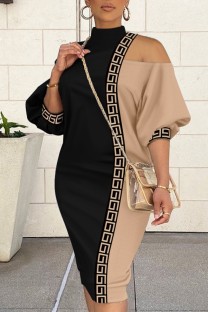 Black Casual Patchwork Hollowed Out Contrast Half A Turtleneck Long Sleeve Dresses