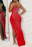 Red Party Elegant Formal Hot Drilling Hot Drill Spaghetti Strap Evening Dress Dresses