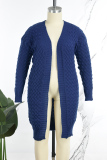 Navy Blue Casual Daily Elegant Cardigan Solid Color Cardigan Collar Plus Size