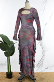 Multicolor Casual Daily Elegant Mixed Printing Patchwork Flounce Fold Printing Contrast Boat Neck Long Sleeve Dresses
