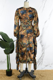 Orange Casual Daily Elegant Mixed Printing Patchwork Flounce Printing Contrast V Neck Dresses