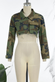 Army Green Casual Camouflage Print Patchwork Turndown Collar Outerwear