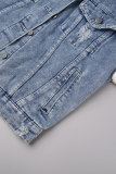 Blue Street Color Block Tassel Ripped Patchwork Pocket Buckle Turndown Collar Long Sleeve Straight Denim Jacket